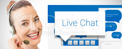 Composite image of portrait of cheerful woman wearing microphone headset