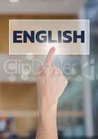 Hand interacting with English business text against blurred background