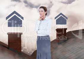 Home icons and Businesswoman standing on Roofs with chimney and cloudy city