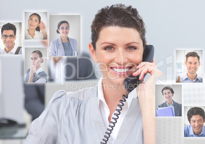 Woman holding phone with Profile portraits of people contacts