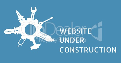 Website under construction text with tools graphics against blue background