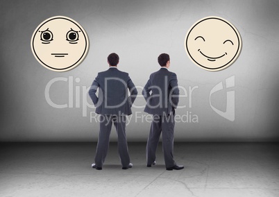 Happy or sad emoticon face with Businessman looking in opposite directions