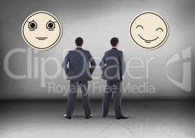 Happy or sad emoticon face with Businessman looking in opposite directions