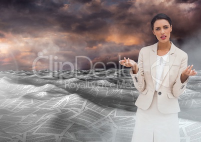 Businesswoman in sea of documents under colorful sky clouds