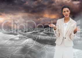 Businesswoman in sea of documents under colorful sky clouds