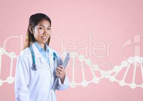 Doctor woman holding a folder against pink background with DNA strand