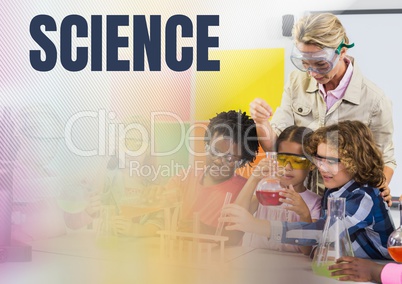 Science text and Science school teacher with class