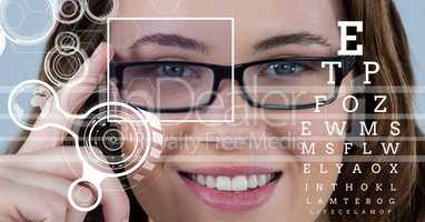 Woman with eye focus box detail over glasses and lines and Eye test interface