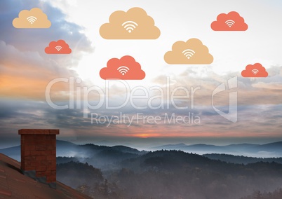Upload clouds floating over roof and landscape