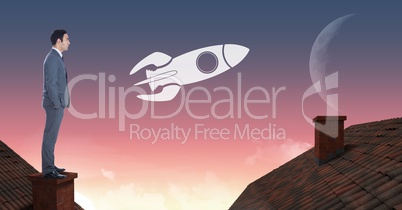 Rocket icon and Businessman standing on Roofs with chimney and moon sky
