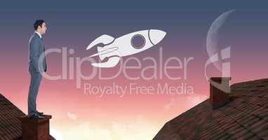 Rocket icon and Businessman standing on Roofs with chimney and moon sky
