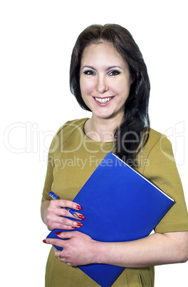 Young business woman smiling with a folder of papers in hands