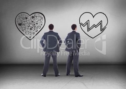 Broken heart or heart with Businessman looking in opposite directions