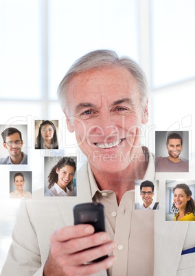 Old Man holding phone with Profile portraits of people contacts