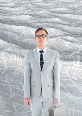 Geeky Businessman in sea of documents with briefcase