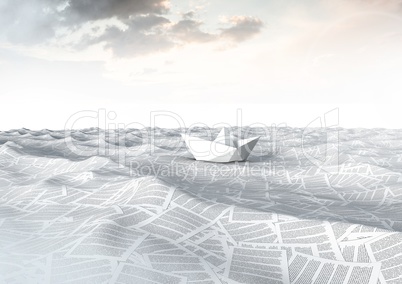 Paper boat on sea of documents under tranquil sky