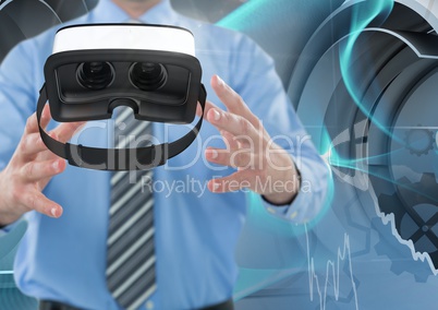 Man touching and interacting with virtual reality headset with transition effect
