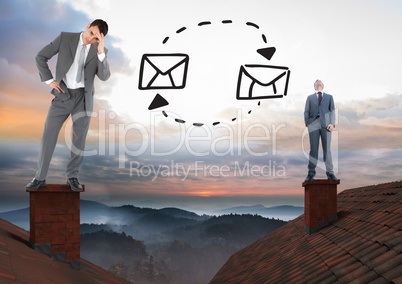 Email icons with Businessmen standing on Roofs with chimney and colorful landscape
