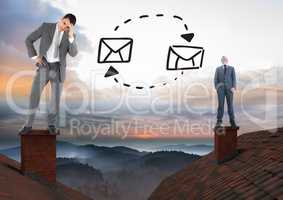 Email icons with Businessmen standing on Roofs with chimney and colorful landscape