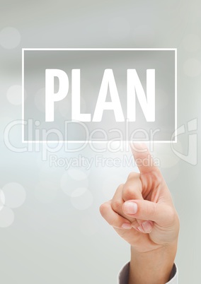 Hand interacting with plan business text against white background