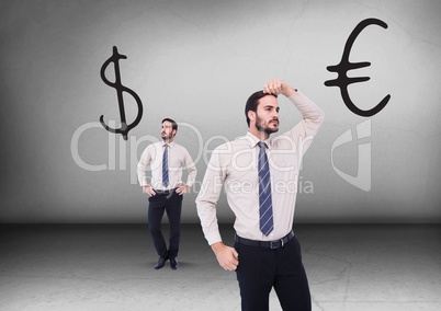 Dollar or euro with Businessman looking in opposite directions