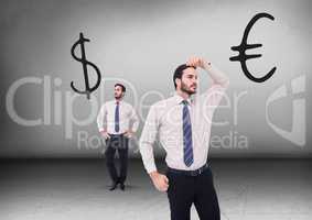 Dollar or euro with Businessman looking in opposite directions