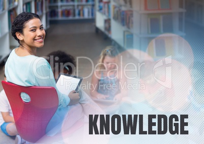 Knowledge text and Elementary school teacher with class in library