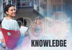 Knowledge text and Elementary school teacher with class in library