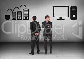 Computer servers or one computer with Businessman looking in opposite directions