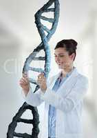 Happy doctor woman holding a glass with 3D DNA strand