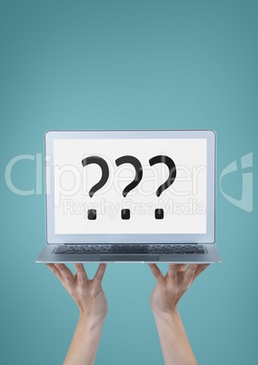 Business woman holding a computer with question marks  text