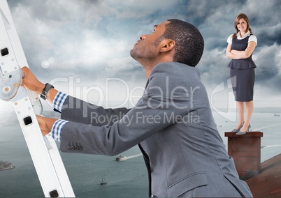 Businessman climbing ladder and Businesswoman standing on Roof with chimney and cloudy city port