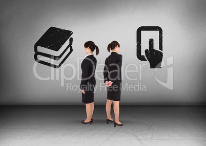 Books or tablet with Businesswoman looking in opposite directions