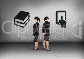 Books or tablet with Businesswoman looking in opposite directions