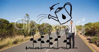 Business man drawing bulb plants on the road