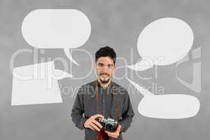 Photographer man with speech bubbles against grey background