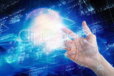 Composite image of hand of man pretending to touch an invisible screen