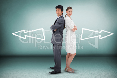 Composite image of portrait of business people standing back-to-back
