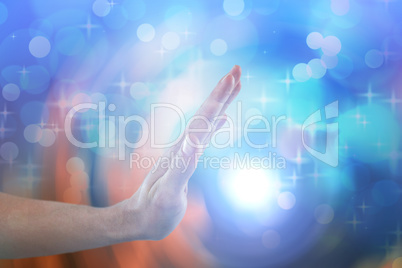 Composite image of hand of man pretending to touch invisible screen