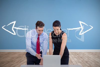 Composite image of business people using laptop against white background