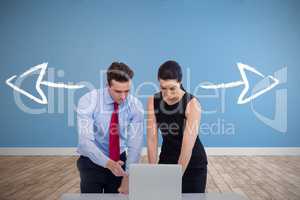 Composite image of business people using laptop against white background