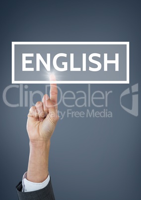 Hand interacting with English business text against blue background