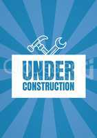 Under construction text with tools graphics against blue background