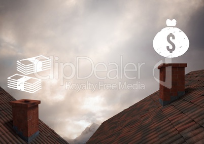 Money icons over roof chimneys