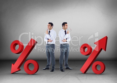 Arrow percentages in different directions with Businessman looking in opposite directions