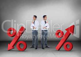 Arrow percentages in different directions with Businessman looking in opposite directions