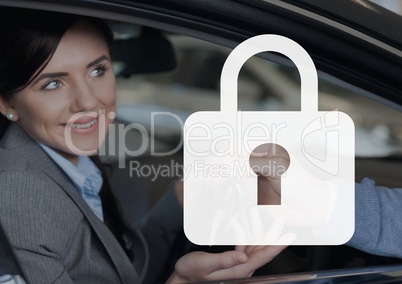 Padlock icon against happy woman in the car