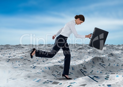 Businesswoman running with briefcase in sea of documents under blue sky clouds