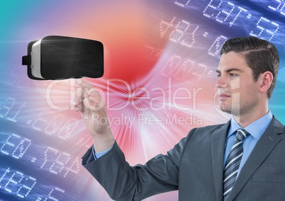 Man touching and interacting with virtual reality headset with transition effect