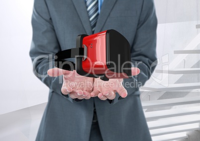 Man holding and interacting with virtual reality headset with transition effect Man holding and interacting with virtual reality headset with transition effect